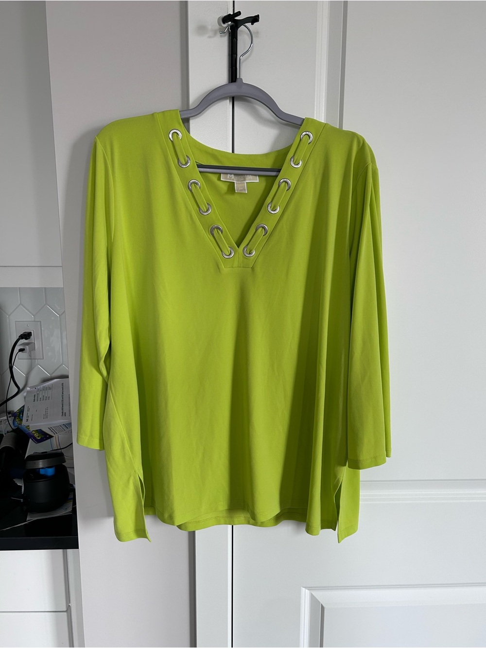 Michael Kors Lime Green Grommet V-Neck Tunic Top Silver Details Blouse Flowy